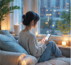 A calm person using a companion chat app by a softly lit window